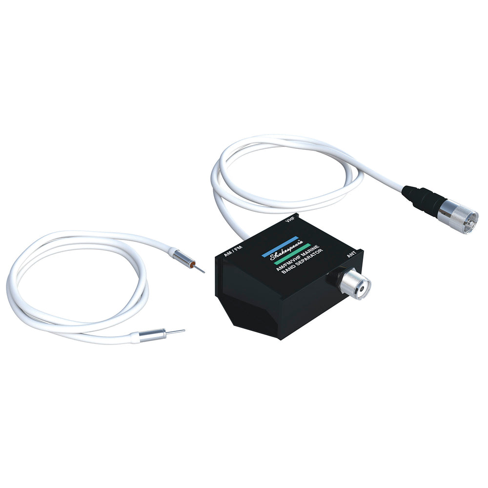 Shakespeare 4357-S base-loaded AM/FM/VHF separator accessory for radio antennas, shown in black with metal connectors.