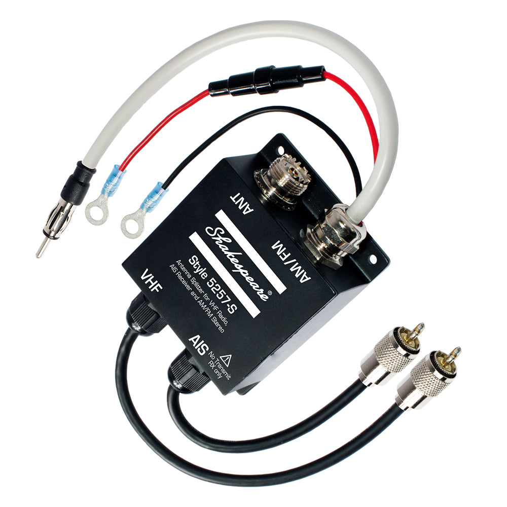 Shakespeare 5257-S antenna splitter for VHF radio, AIS receiver, and AM/FM stereo, shown connected to marine communication equipment.