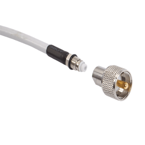 Shakespeare PL-259-ER screw-on connector for cables with easy route FME mini end, used as an radio antenna accessory.