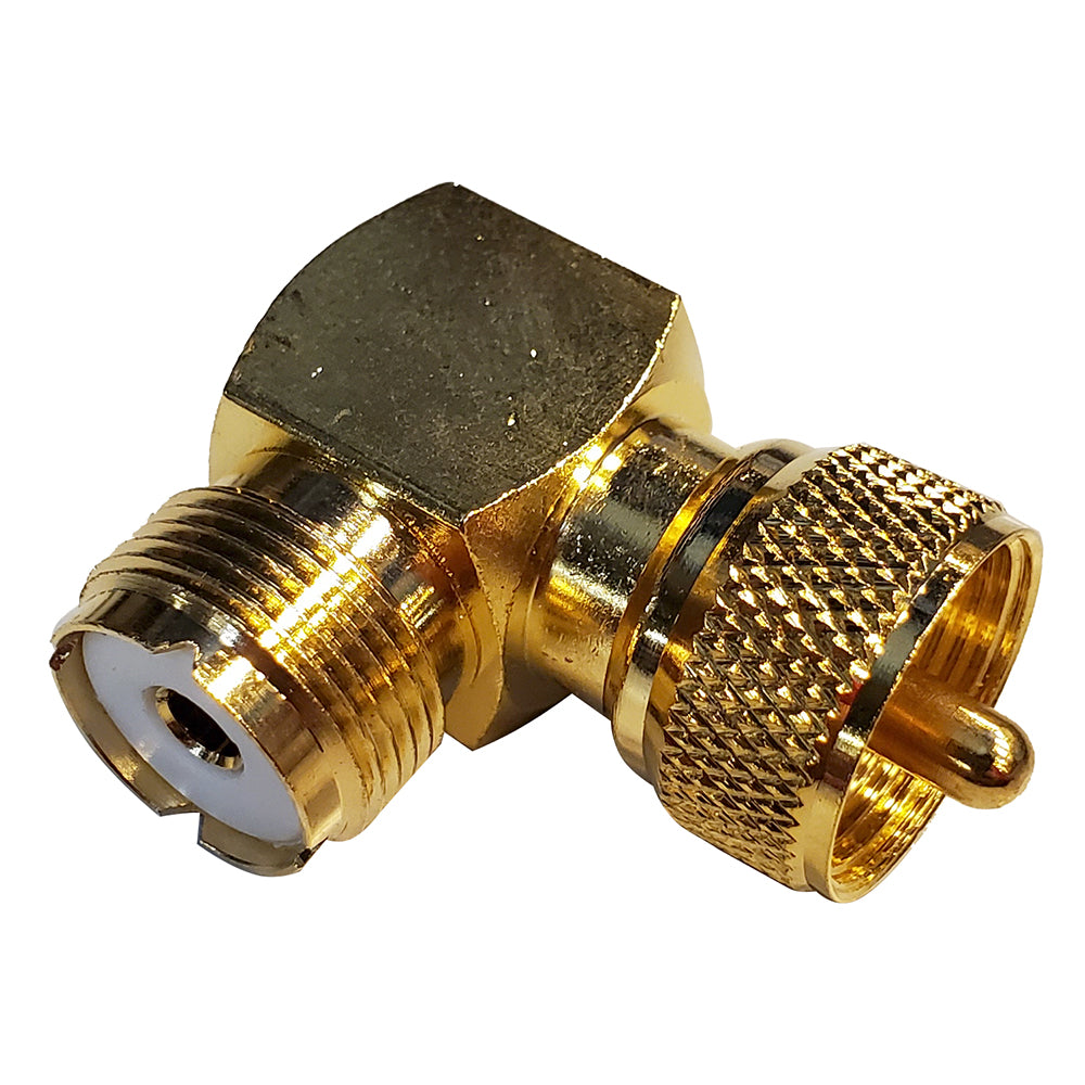Shakespeare right angle connector adapter converting PL-259 to SO-239 for radio antenna connections.