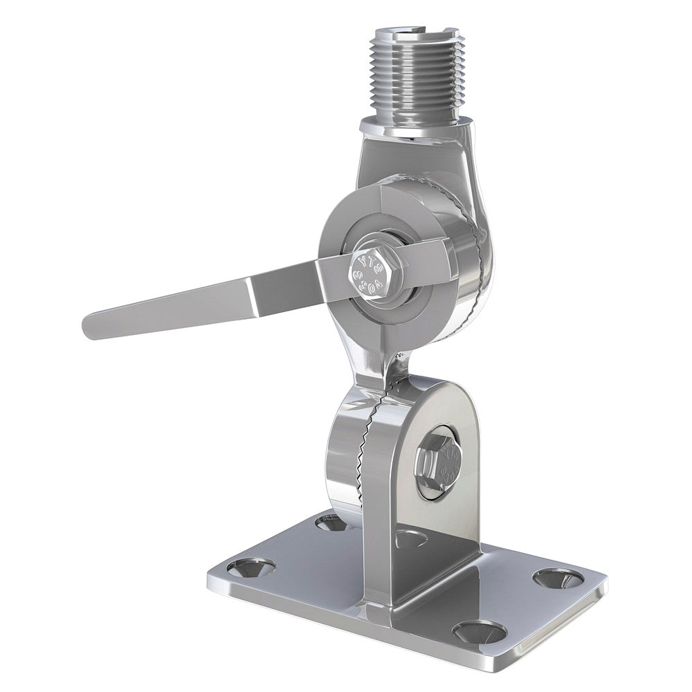Shakespeare 4187 stainless steel ratchet antenna mount in a box, designed for secure marine or vehicle antenna installation.