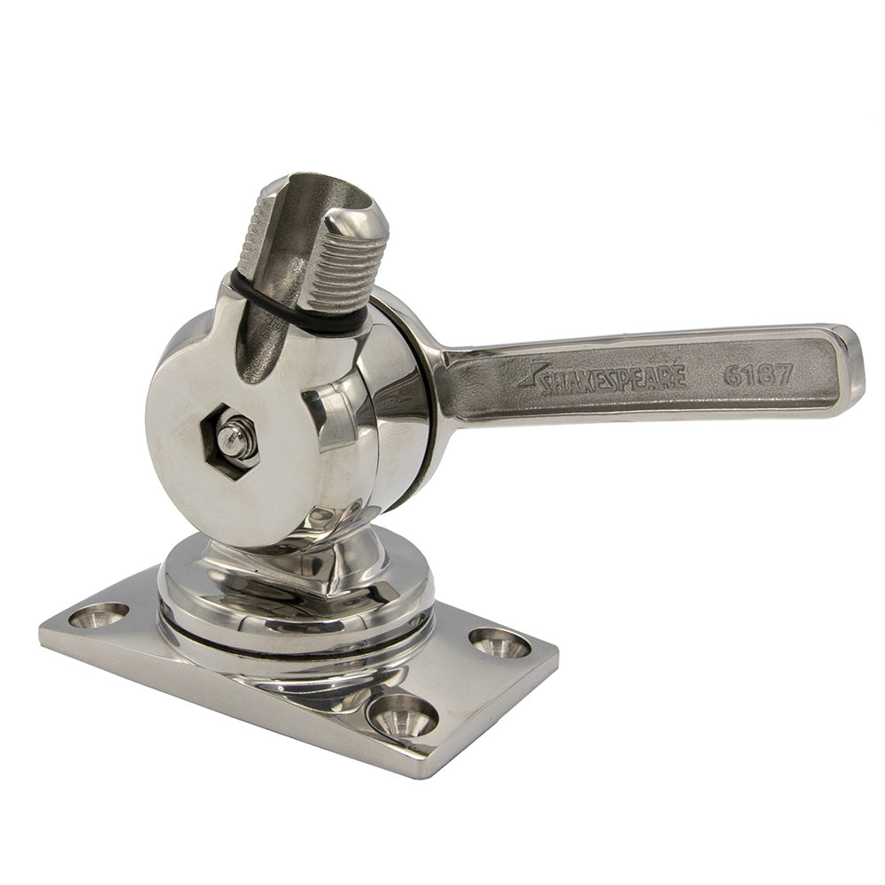 Shakespeare 6187 compact stainless steel rotatable 4-way ratchet antenna mount with adjustable arms and secure locking mechanism.