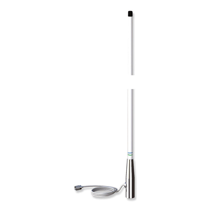 Shakespeare 396-1 5-foot VHF antenna for marine radio, black metal with mounting base, designed for boat communication.
