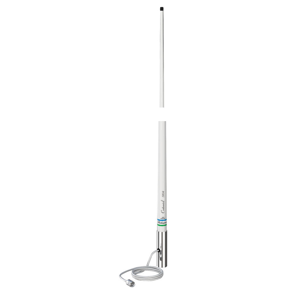 Shakespeare 5104 VHF 4-foot marine antenna mounted on boat, designed for VHF communication with durable construction