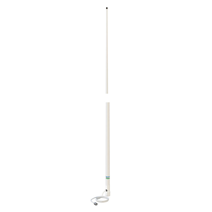 Shakespeare 5206-N 8-foot VHF marine antenna mounted on boat, durable design for reliable VHF radio communication.