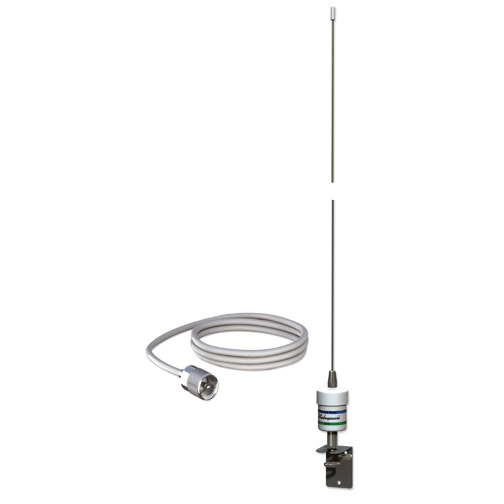 Shakespeare 5215-C-X 3-foot VHF antenna for marine radio, black color, with mounting base and cable connection.