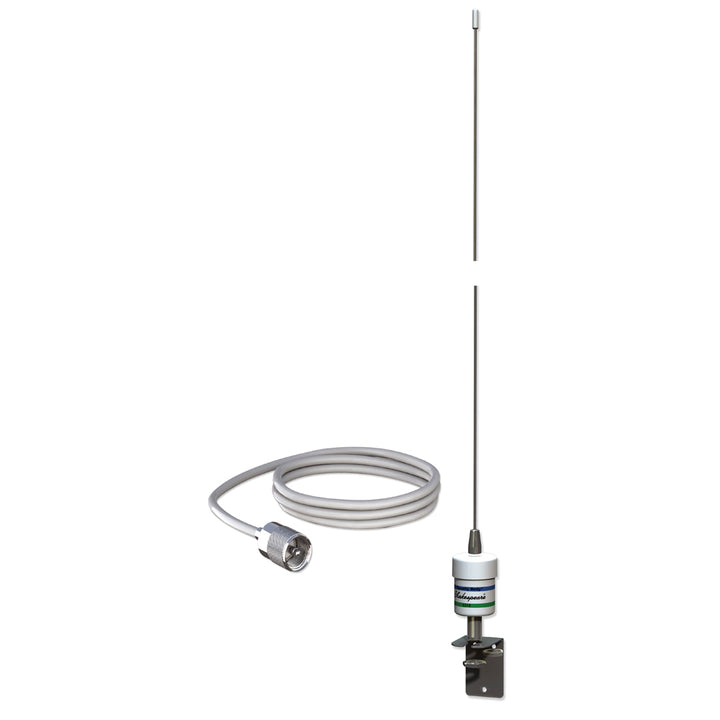 Shakespeare 5215-C-X 3-foot VHF antenna for marine radio, black color, with mounting base and cable connection.