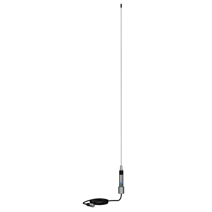 Shakespeare 5250-AIS 36-inch low-profile stainless steel AIS whip antenna on a boat for marine communication.