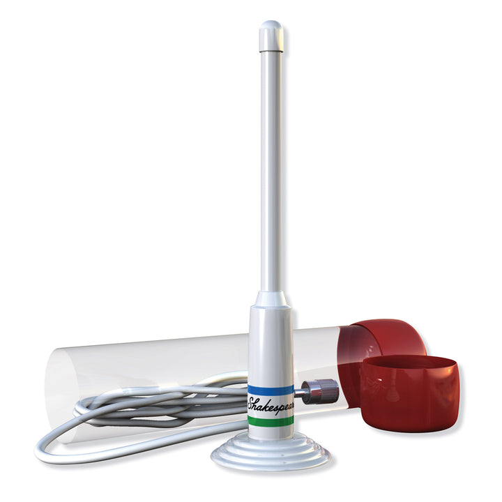 Shakespeare 5911 10-inch VHF antenna for marine radios, black plastic with mounting base, designed for boat communication.