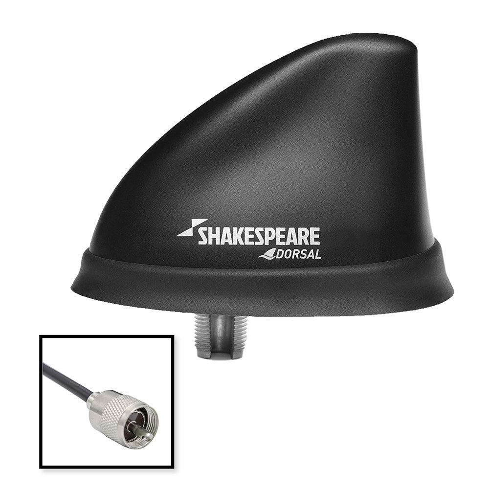 Shakespeare Dorsal Antenna in black with low profile design, 26 RGB cable and PL-259 connector for marine or radio antenna setup.