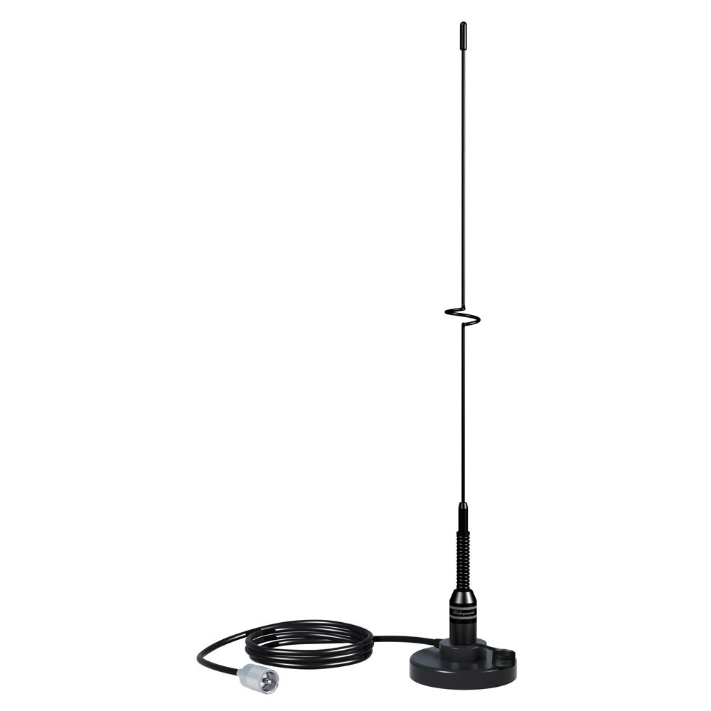 Shakespeare VHF 19-inch black stainless steel whip antenna with magnetic mount for marine radio communication.