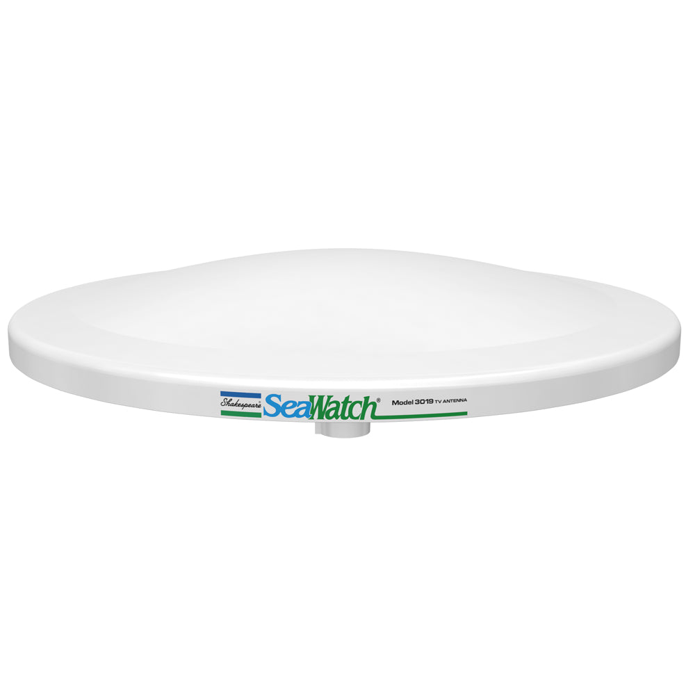 Shakespeare SeaWatch 19" marine TV antenna for over-the-air TV reception, compatible with 12VDC and 110VAC power sources.