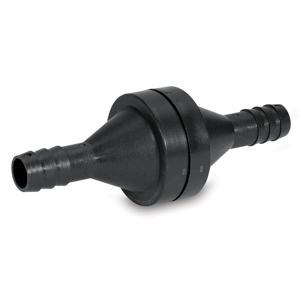 Shurflo by Pentair 1/2-inch in-line check valve with barb fittings, used as a plumbing accessory for fluid control.