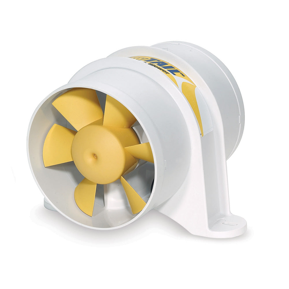 Shurflo by Pentair Yellowtail 4-inch marine blower, 12 VDC, with 215 CFM airflow, designed for boat ventilation.