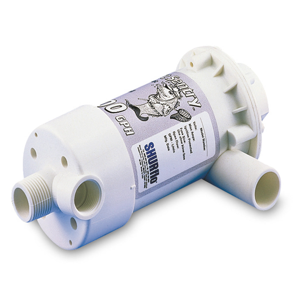 Shurflo by Pentair Bait Sentry 800 magnetic drive livewell pump with 800 GPH flow rate, designed for freshwater fishing boats.