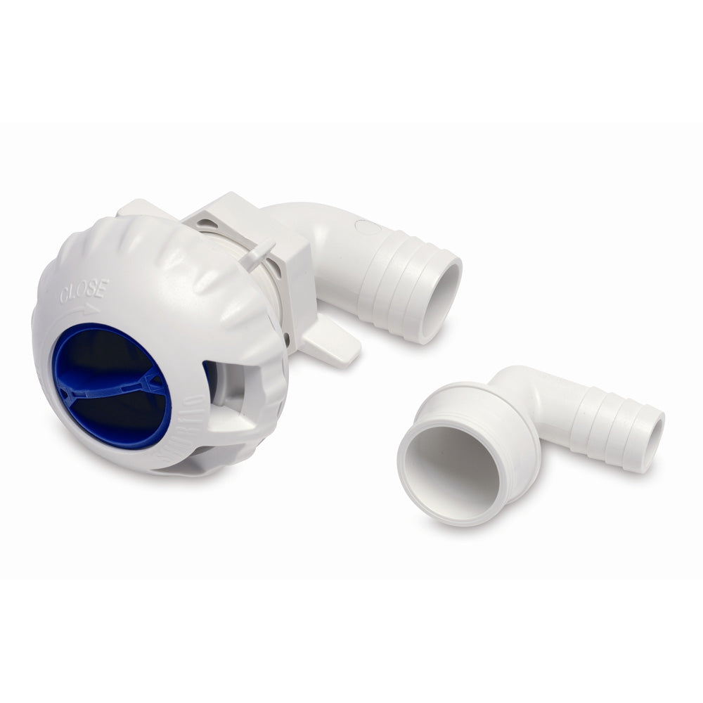 Shurflo by Pentair livewell fill valve with 3/4" and 1-1/8" fittings, designed for livewell pump systems on boats.