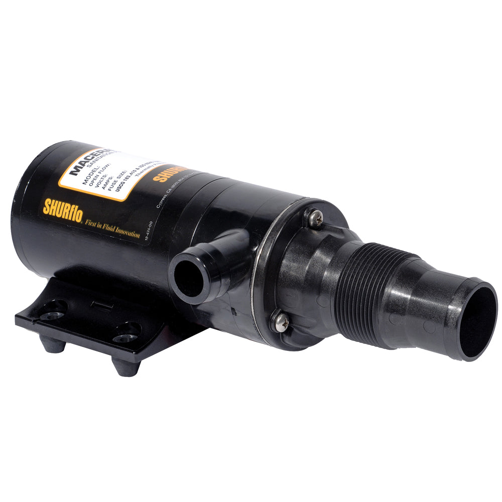 Shurflo by Pentair marine sanitation self-priming dual-blade macerator pump, 24VDC, 13 GPM, compact and durable.