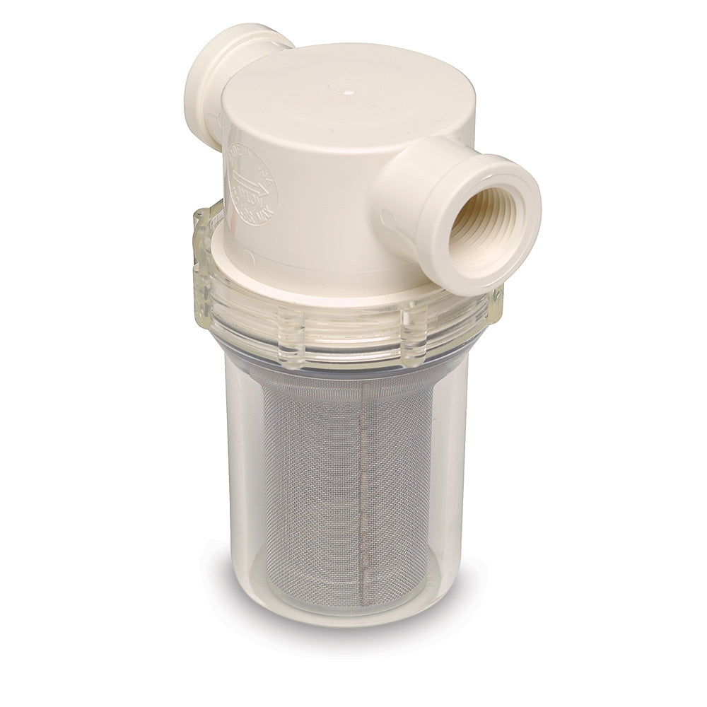 Shurflo by Pentair 1/2-inch raw water strainer with 50 mesh screen, used for filtering water in plumbing and irrigation systems.