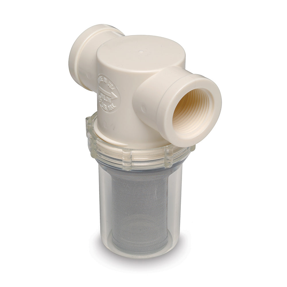 Shurflo by Pentair 1-inch raw water strainer with 50 mesh screen for filtering debris in water systems.