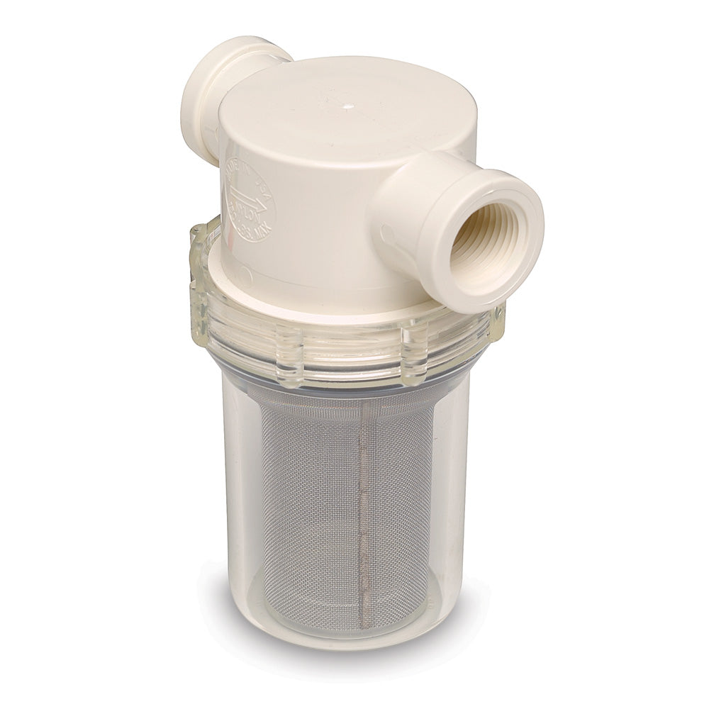 Shurflo by Pentair 3/4" raw water strainer with 50 mesh screen, showing the durable plastic basket and metal mesh filter component.