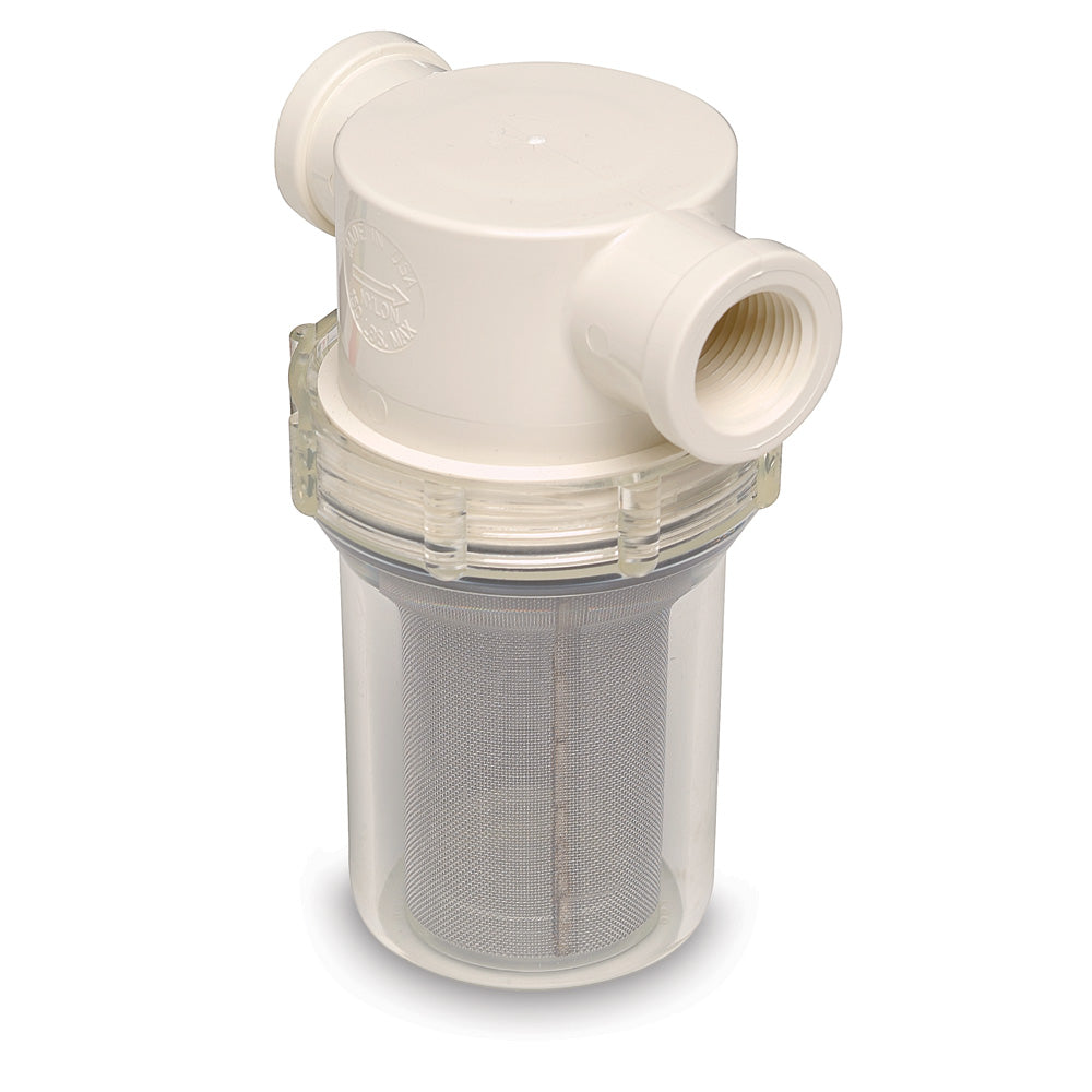 Shurflo by Pentair 3/4" raw water strainer with bracket and fittings, featuring a 50 mesh screen for filtering debris.
