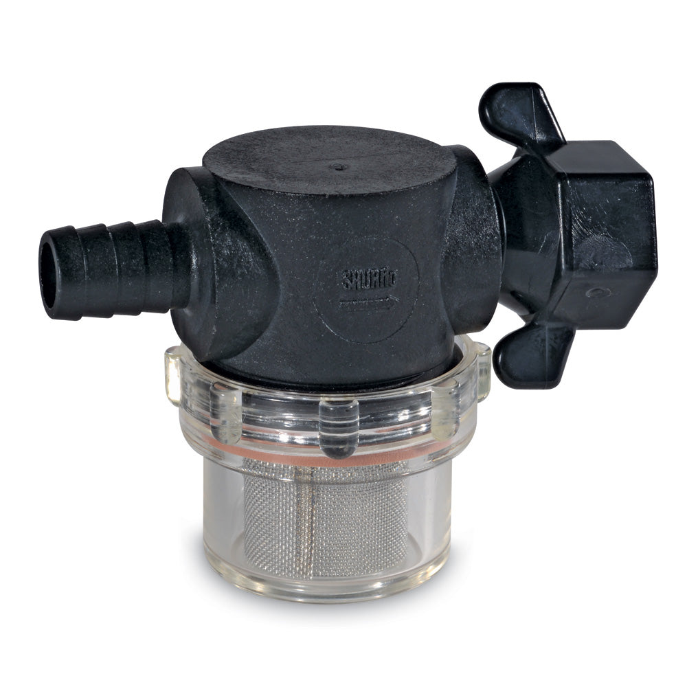 Shurflo by Pentair swivel nut strainer with 1/2" barb inlet and clear bowl for filtering liquids in plumbing systems.