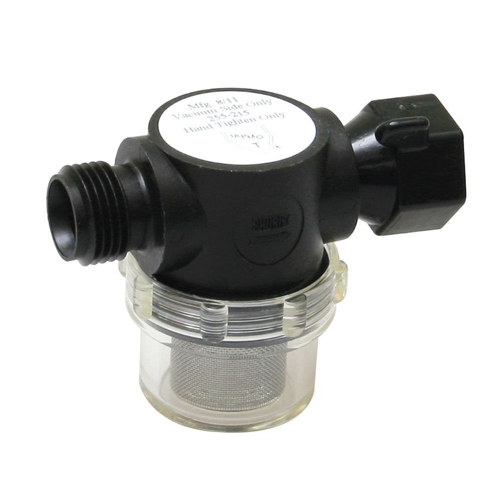 Shurflo by Pentair swivel nut strainer with 1/2" pipe inlet and clear bowl for debris filtration in plumbing systems