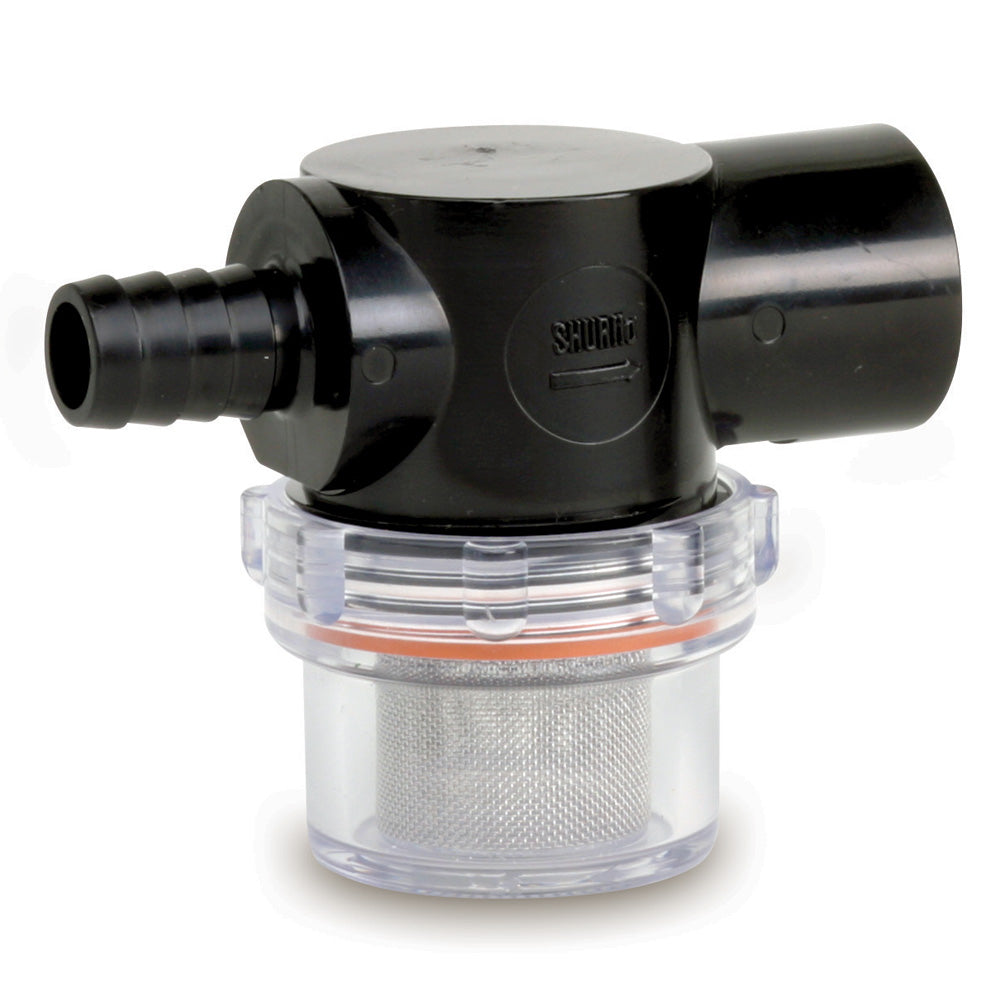 Shurflo by Pentair Twist-On Water Strainer with 1/2" barb inlet and clear bowl, used for filtering water in plumbing systems.