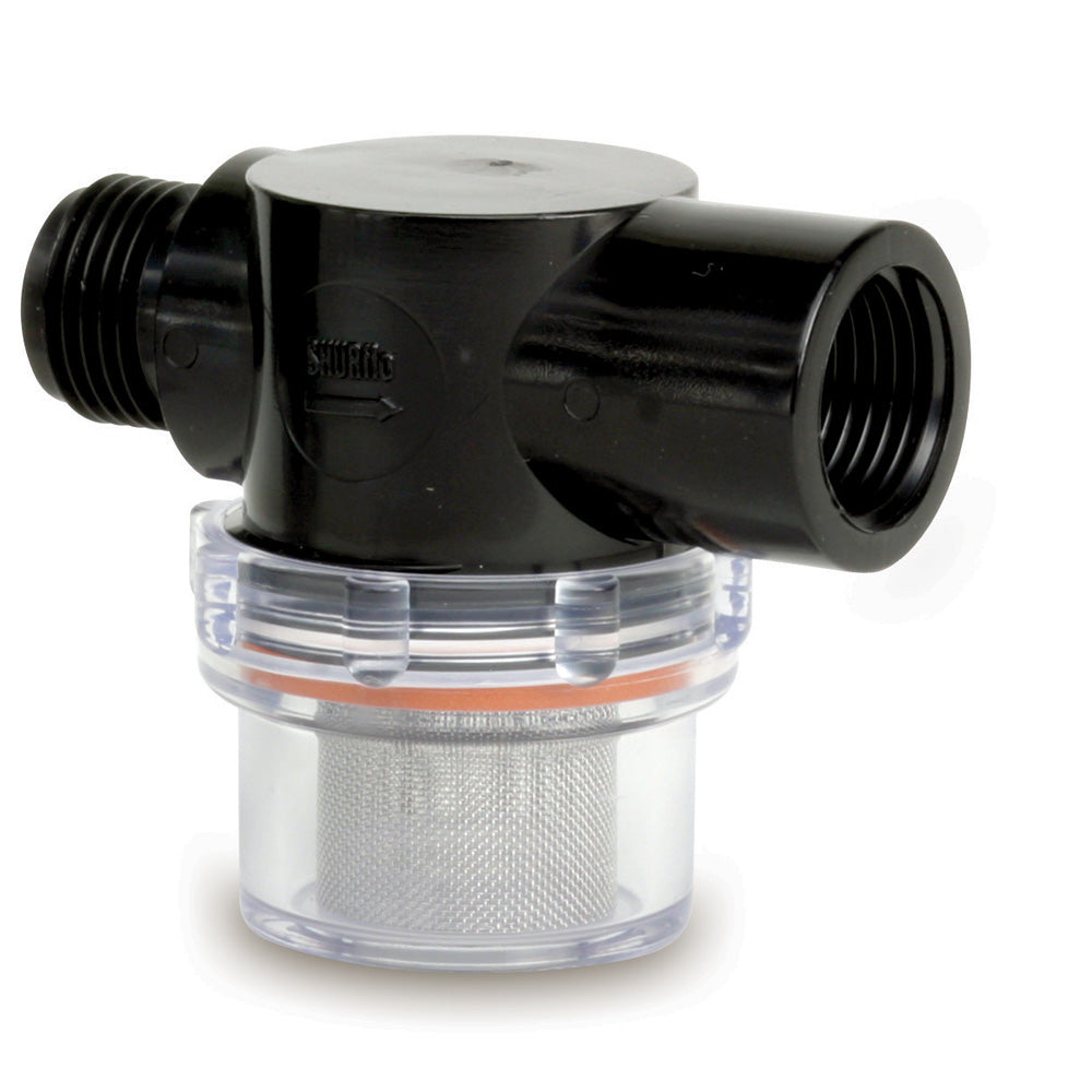 Shurflo by Pentair 1/2" pipe inlet twist-on water strainer with clear bowl for easy debris monitoring.