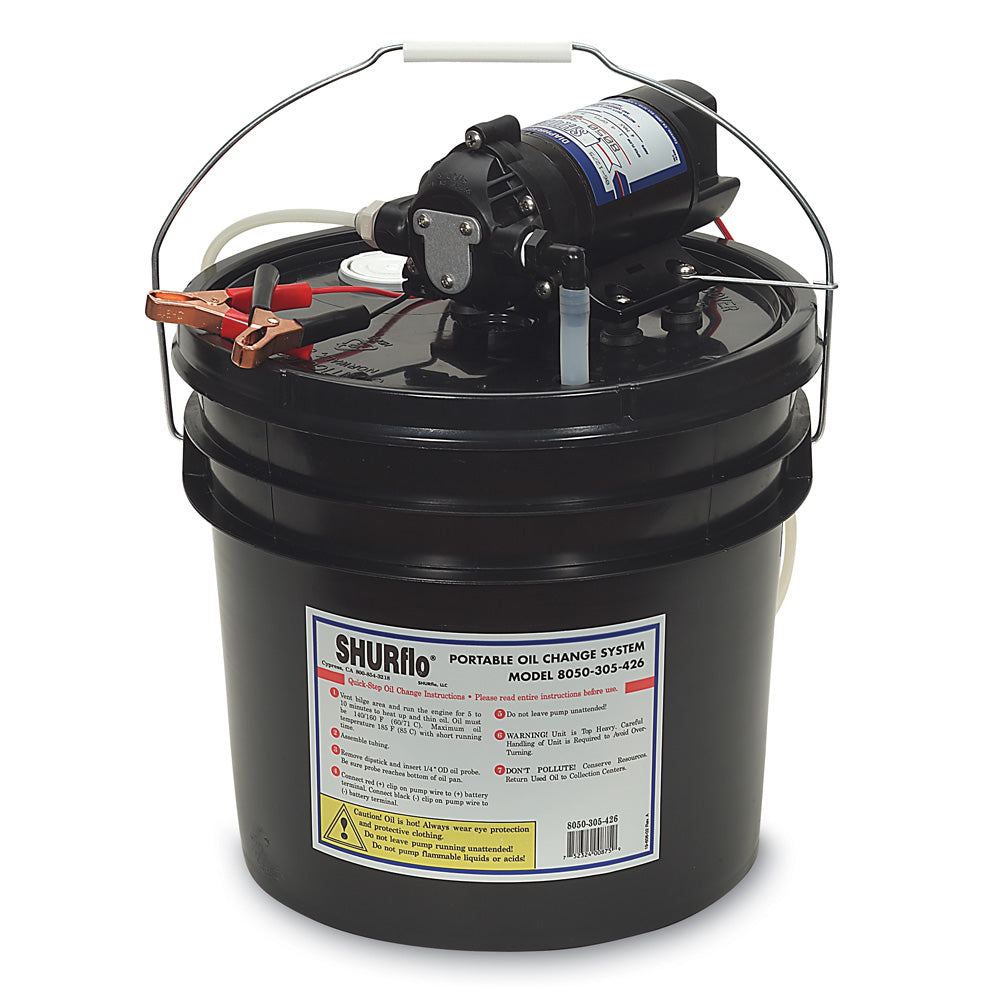 Shurflo by Pentair oil change pump with 3.5-gallon bucket, 12 VDC, transfer pump, 1.5 GPM for automotive or industrial use.