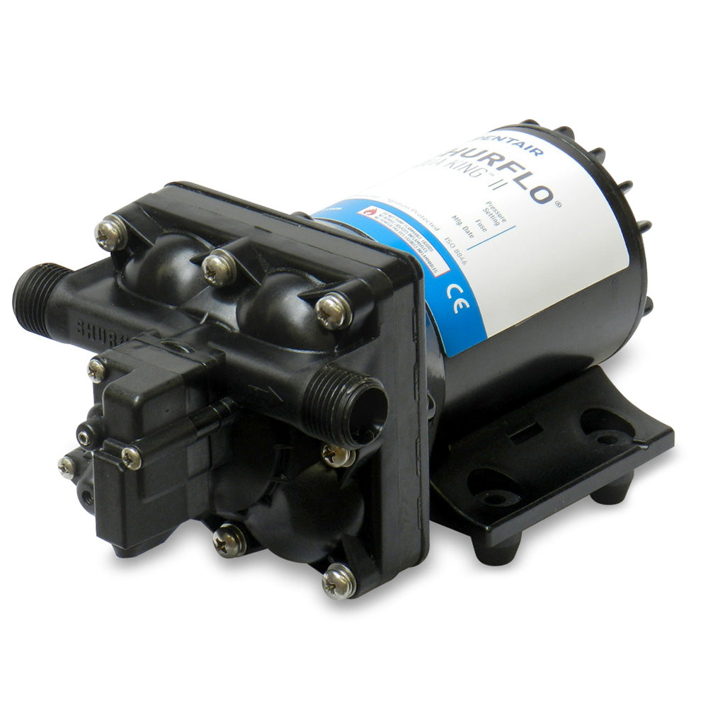 Shurflo by Pentair Aqua King II 12 VDC freshwater washdown pressure pump, 3.0 GPM, with pump and hose connections visible