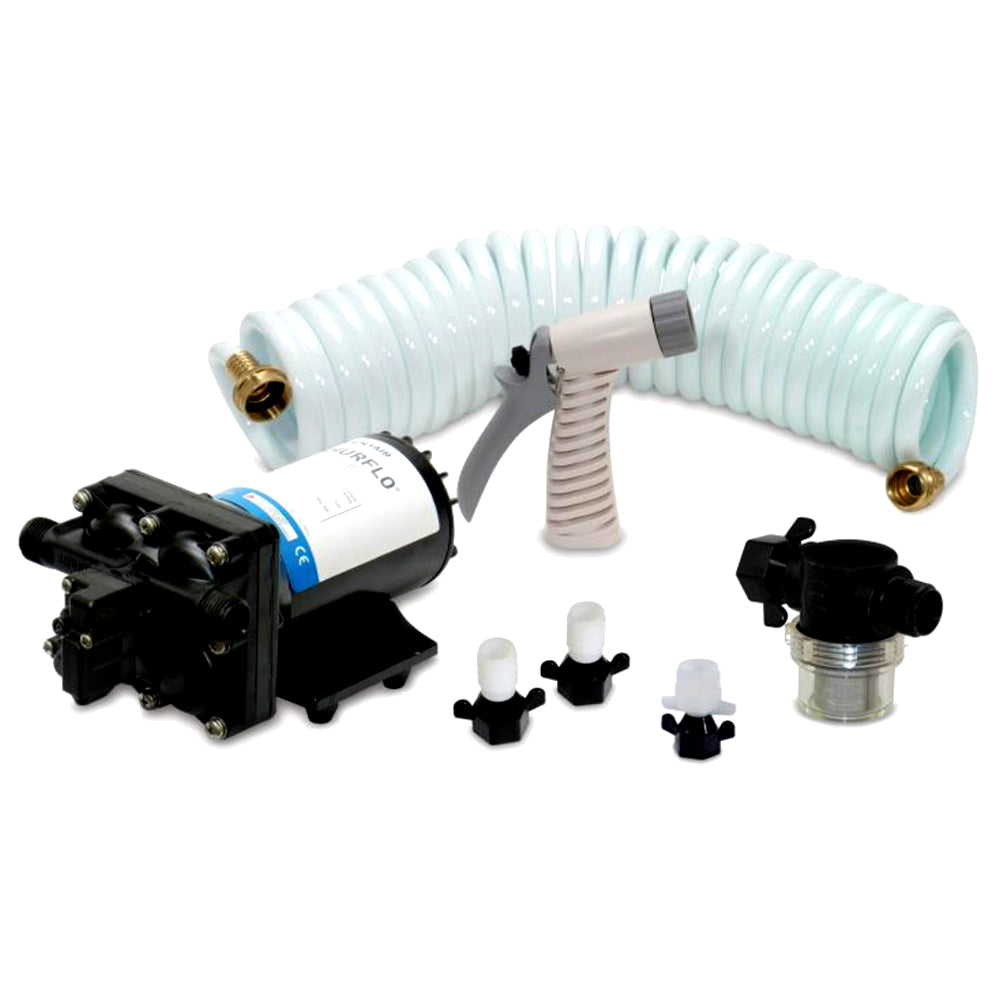 Shurflo by Pentair BLASTERII washdown kit with 12VDC pump, 3.5 GPM, 25-foot hose, nozzle, strainer, and fittings.