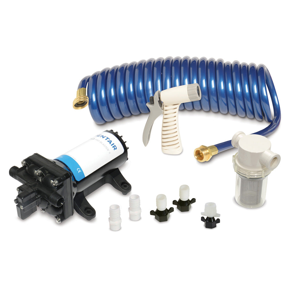 Shurflo by Pentair PRO WASHDOWN KIT II pressure washdown pump with fittings, nozzle, strainer, and 25-foot hose, 12 VDC, 5 GPM.