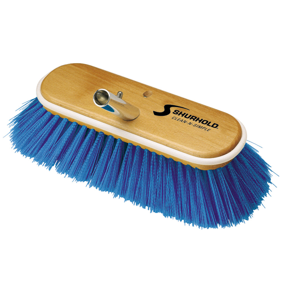 Shurhold 10-inch extra-soft deck brush with blue nylon bristles for gentle cleaning of boat surfaces.