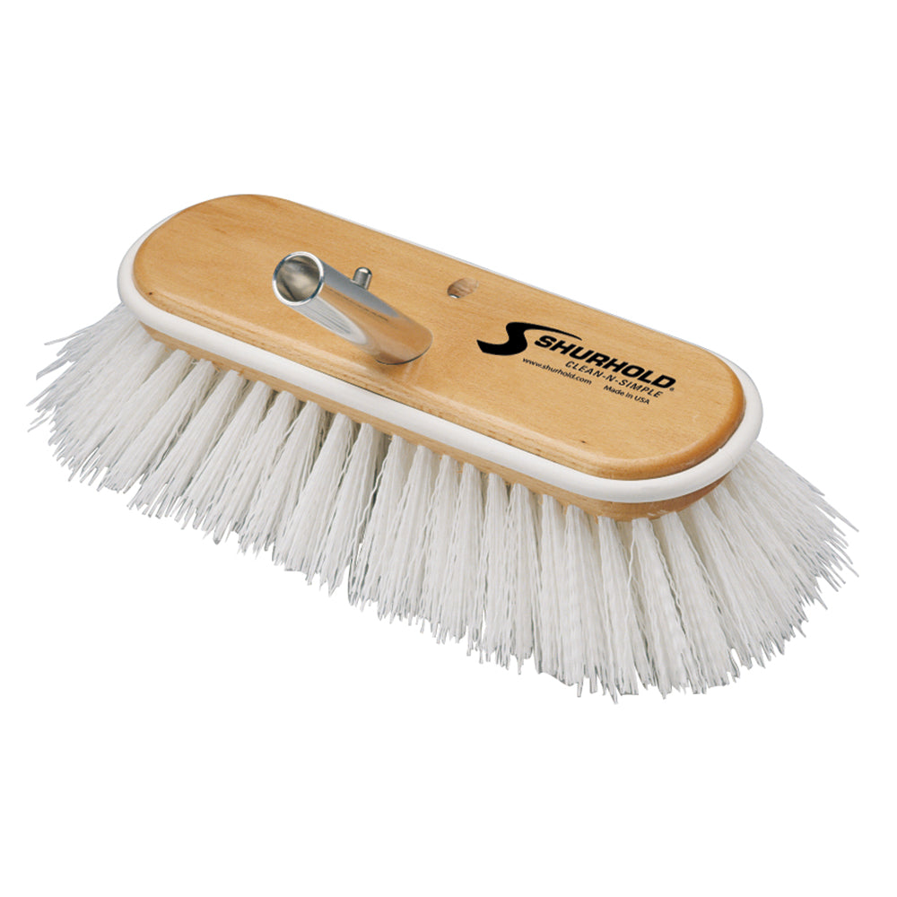 Shurhold 10-inch polypropylene stiff bristle deck brush for cleaning boats, docks, and outdoor surfaces.