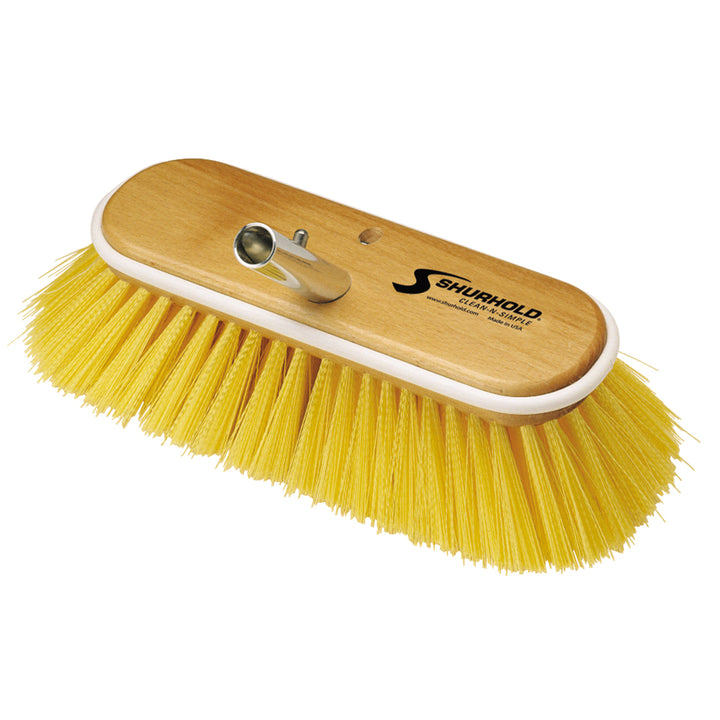 Shurhold 10-inch polystyrene medium bristle deck brush for cleaning boat decks and surfaces.