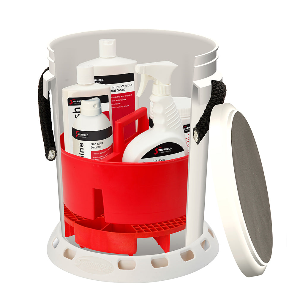 Shurhold 5-gallon white cleaning bucket kit with caddy, grate seat, Buff Magic, Pro Polish Brite Wash, and Serious Shine products.