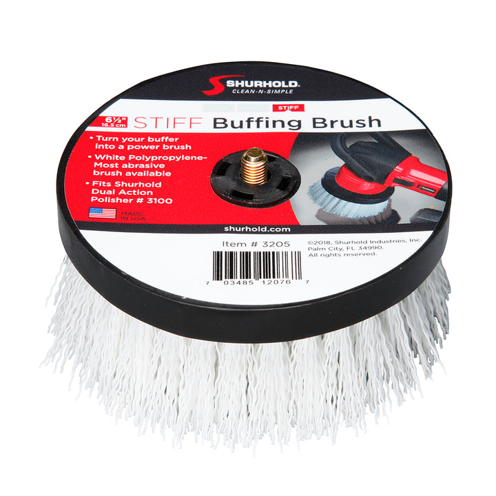 Shurhold 6-1/2-inch stiff cleaning brush for dual action polisher, used for heavy-duty surface cleaning and polishing.