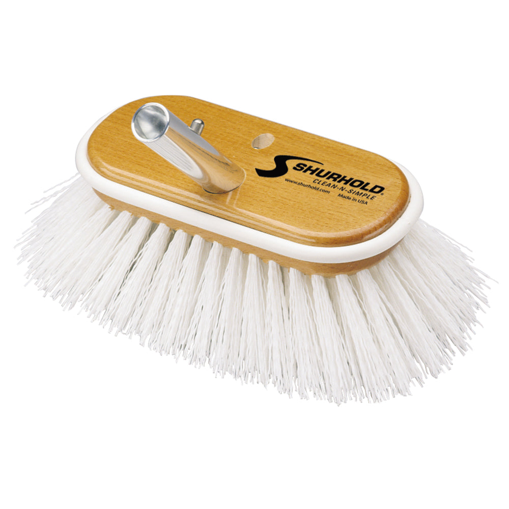 Shurhold 6-inch polypropylene stiff bristle deck brush for cleaning boats and surfaces, featuring durable synthetic bristles.
