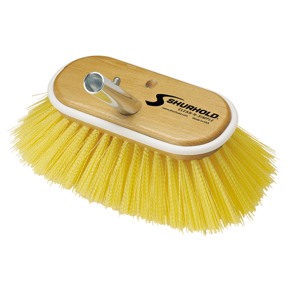 Shurhold 6-inch polystyrene medium bristle deck brush for cleaning boats and decks, featuring sturdy bristles and ergonomic handle.