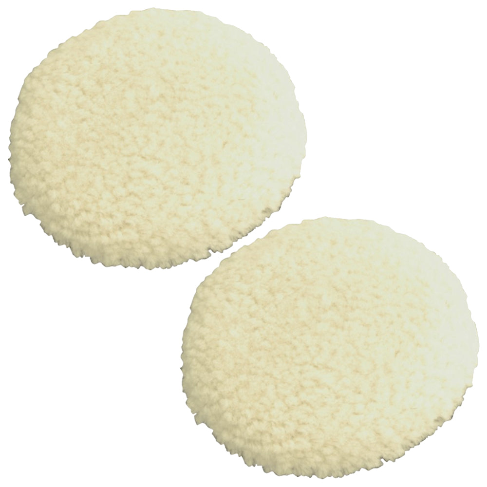 Shurhold Buff Magic compounding wool pads, 2-pack, 6.5-inch size, designed for dual action polishers and car cleaning.