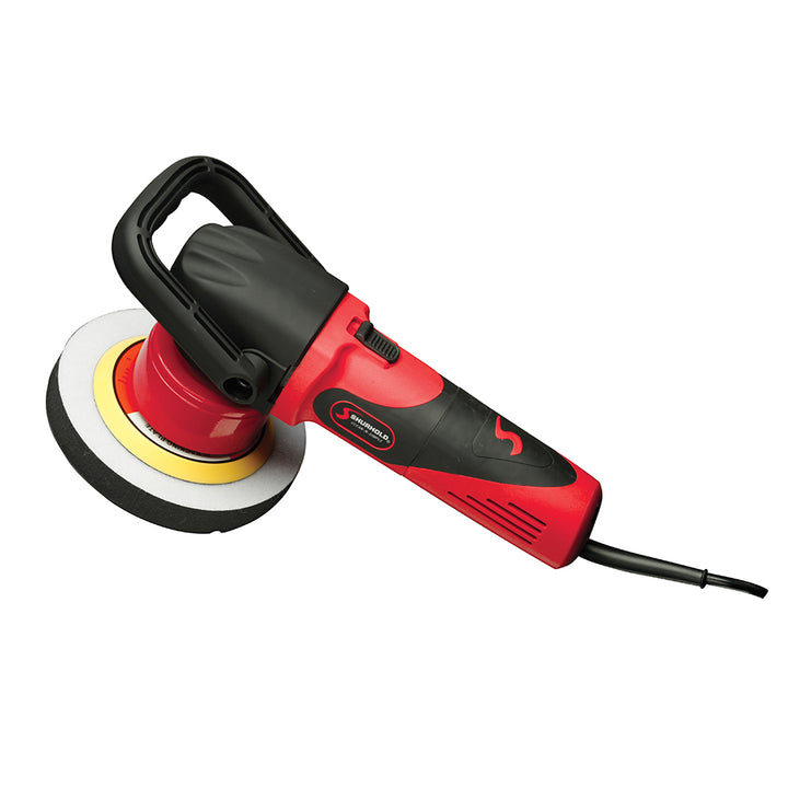 Shurhold Dual Action Polisher for cleaning, shown in use with its ergonomic handle and polishing pad attached.