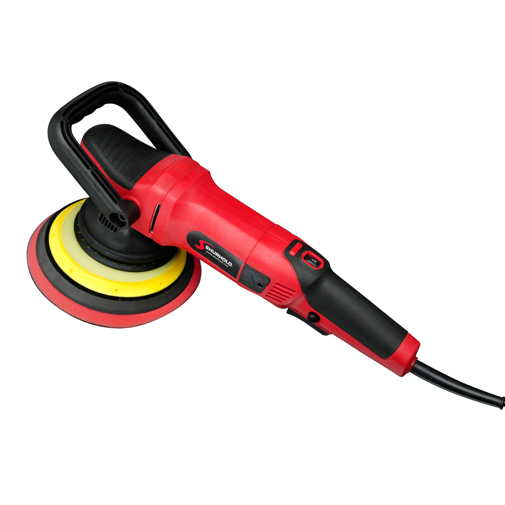 Shurhold Dual Action Polisher Pro for cleaning, showing the ergonomic handle and polishing pad in use on a vehicle surface.