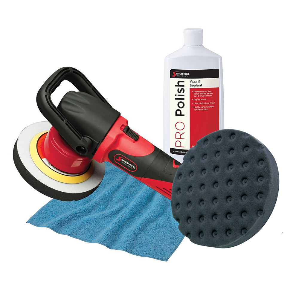 Shurhold Dual Action Polisher Start Kit with Pro Polish, polishing pad, and microfiber towel for cleaning and detailing vehicles.
