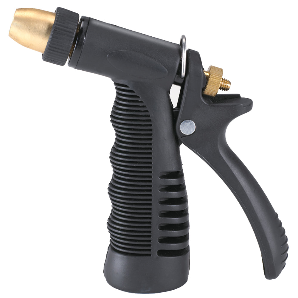 Shurhold cleaning hose nozzle attached to a garden hose, black and silver, designed for water spray and cleaning tasks.