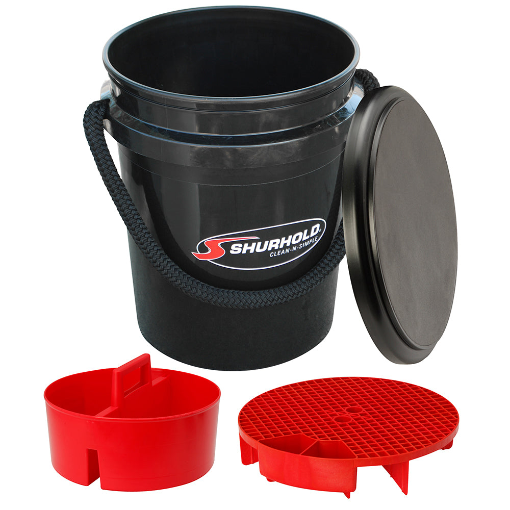 Shurhold One Bucket Kit in black, 5-gallon cleaning bucket with handle and lid, designed for car washing and detailing.