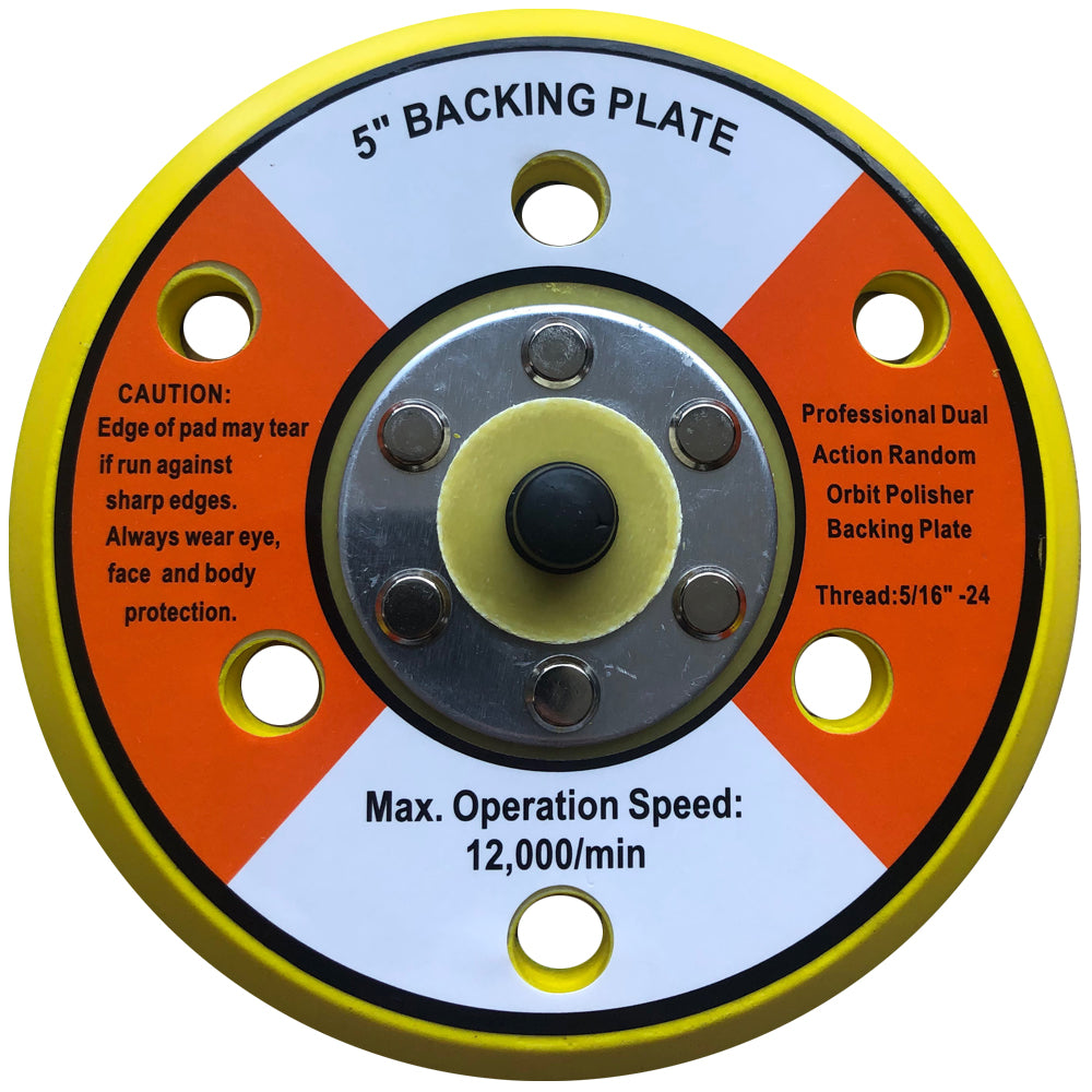 Shurhold 5-inch dual action polisher backing plate for cleaning, shown mounted on the polisher in a close-up image.