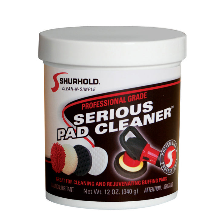 Shurhold Serious Pad Cleaner 12oz bottle, cleaning product for polishing and buffing pads, in a clear plastic container