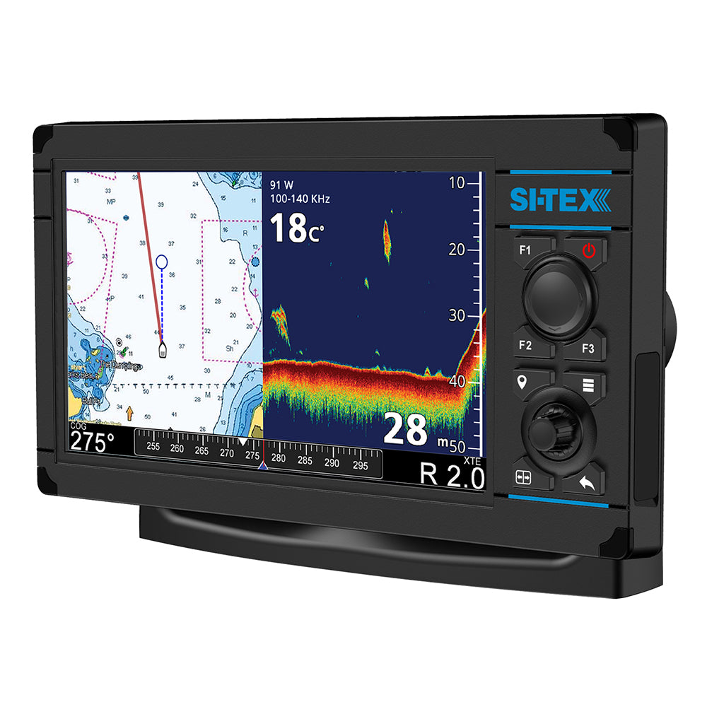 SI-TEX NavPro 900F fishfinder with built-in CHIRP, Wi-Fi, and internal GPS receiver, showing the device's display and controls.