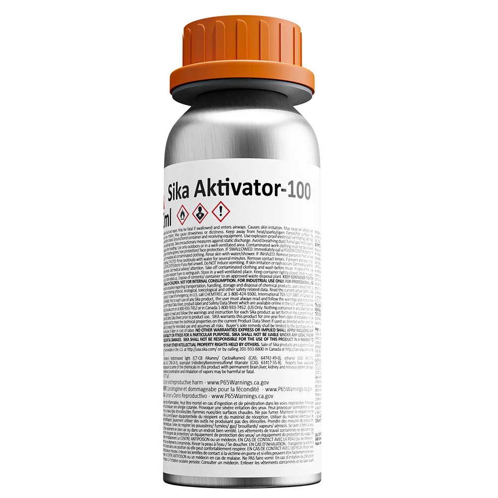 Clear Sika Aktivator-100 250ml bottle, used as an adhesive activator or primer for sealants and bonding applications.